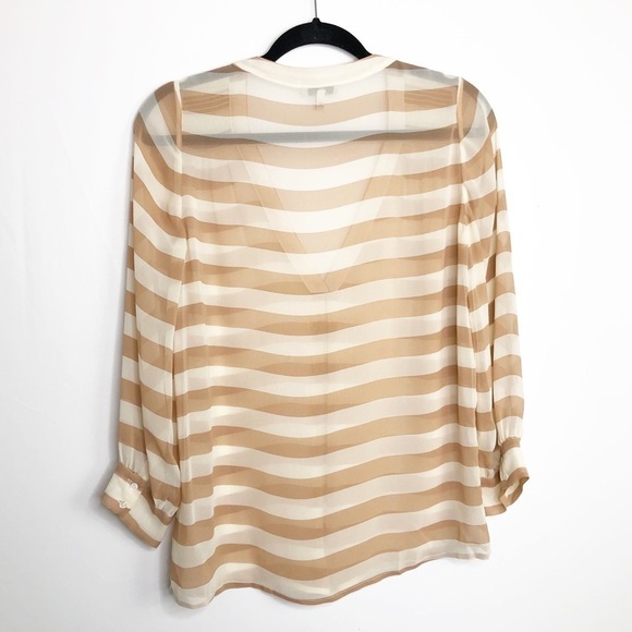 JOIE Aceline Tan/Cream silk striped v neck sheer blouse - Picture 7 of 9
